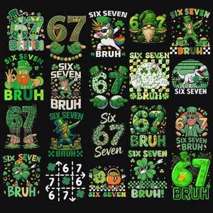 May include: A collection of St. Patrick's Day themed graphics with the numbers "67" and the word "BRUH" in various designs. The images feature leprechauns, shamrocks, and other festive elements in green and gold.