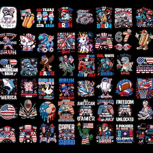 May include: A selection of graphic designs in red, white, and blue, celebrating American Independence. Designs include cartoon characters, flags, and text such as "4th of July" and "American Girl".