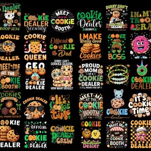 Könnte beinhalten: Eine Sammlung farbenfroher Grafikdesigns auf schwarzem Hintergrund mit verschiedenen Illustrationen und Texten zum Thema Kekse. Designs beinhalten Sätze wie "Cookie Dealer", "Meet Me at the Cookie Booth" und "Cookie Queen".