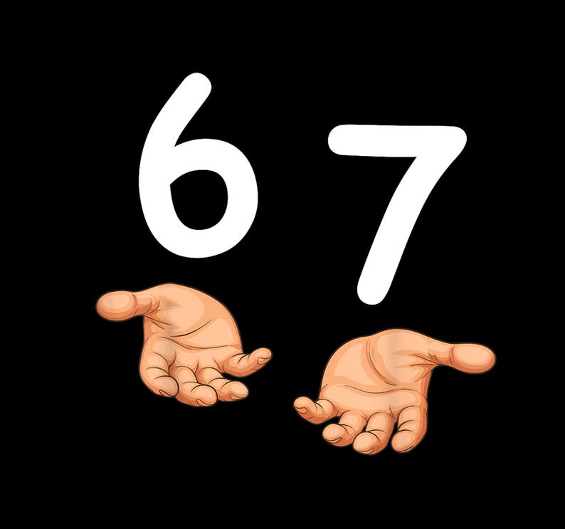May include: Illustration of the numbers 6 and 7 in white, above two hands with open palms, against a black background. The hands are rendered in a realistic style, with detailed shading and highlights.