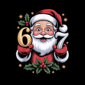 May include: Illustration of Santa Claus holding the numbers 6 and 7, with a smiling expression. He wears a red suit and hat with white trim, and has a white beard and mustache. Holly and stars surround him on a black background.