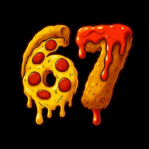 Peut inclure: Illustration numérique des chiffres 67, conçue pour ressembler à une pizza et à un aliment frit. Le chiffre 6 est une part de pizza avec du pepperoni, et le chiffre 7 est un aliment frit avec de la sauce rouge dégoulinante. Le fond est noir.
