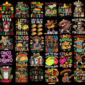 Peut inclure: Une collection de graphismes colorés avec des illustrations et du texte sur le thème mexicain. Les motifs comprennent des tacos, des sombreros et des phrases comme "Fiesta", "Taco Squad" et "Viva Mexico". Les images sont sur fond noir.