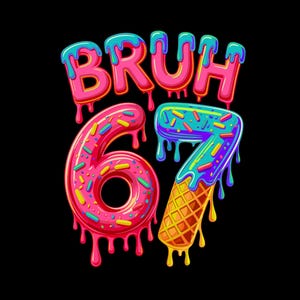 May include: A vibrant graphic on a black backdrop displays the word "BRUH" in pink with blue highlights, alongside the numbers "6" and "7", styled as a donut and an ice cream cone. The design incorporates a dripping effect.