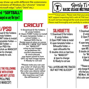Puede incluir: Una gu&iacute;a para usar los SVGs de Sporty T con diferentes programas de software, incluidos Cricut, Silhouette y MS Word. La gu&iacute;a incluye instrucciones para descargar, descomprimir y abrir archivos, as&iacute; como consejos para usar los cuadros de texto y las capas. La gu&iacute;a tambi&eacute;n se&ntilde;ala que la palabra "SOFTBALL" no se puede cambiar en ning&uacute;n tipo de archivo.