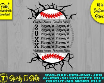 May include: A black and white baseball graphic with a red stitching design. The baseball is cracked and broken with a white background. The text "Coaches Names" and "Managers Names" are on either side of the baseball. The text "20XX" is in a circle around the baseball. The text "Player/# Player/#" is repeated six times. The text "#1 in Customer Service" is in a yellow circle in the upper right corner.