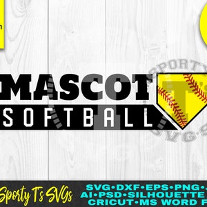 May include: A black and yellow softball design with the text "MASCOT SOFTBALL" and a baseball mitt with a softball inside. The text "Sporty T's SVGs" is at the bottom of the image. The text "SVG DXF EPS PNG JPG AI PSD SILHOUETTE FILE CRICUT MS WORD FILE" is at the bottom of the image.