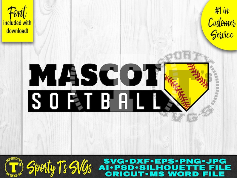Puede incluir: Un dise&ntilde;o de softball negro y amarillo con el texto "MASCOT SOFTBALL" y un guante de b&eacute;isbol con una pelota de softball dentro. El texto "Sporty T's SVGs" est&aacute; en la parte inferior de la imagen. El texto "SVG DXF EPS PNG JPG AI PSD SILHOUETTE FILE CRICUT MS WORD FILE" est&aacute; en la parte inferior de la imagen.