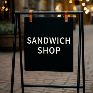 Puede incluir: Un letrero negro de sándwiches con texto blanco, exhibido en un caballete de metal negro. El letrero está suspendido por correas de cuero marrón. El fondo muestra una calle adoquinada y luces borrosas.