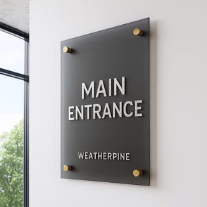 Puede incluir: Un letrero rectangular negro con las palabras "MAIN ENTRANCE" en blanco y "WEATHERPINE" debajo. El letrero está montado con cuatro separadores dorados.