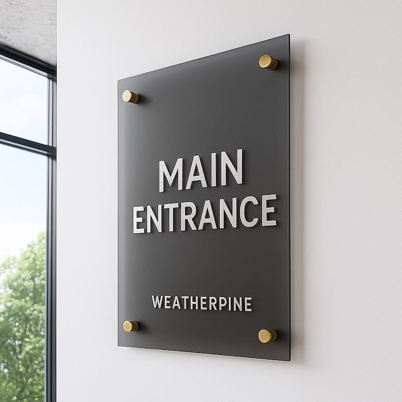 Puede incluir: Un letrero rectangular negro con las palabras "MAIN ENTRANCE" en blanco y "WEATHERPINE" debajo. El letrero est&aacute; montado con cuatro separadores dorados.