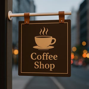 Peut inclure: Panneau rectangulaire marron pour un café, avec un bord blanc, une icône de tasse à café et les mots "Coffee Shop". Le panneau est suspendu par des lanières de cuir à une barre métallique blanche. L'arrière-plan est flou.