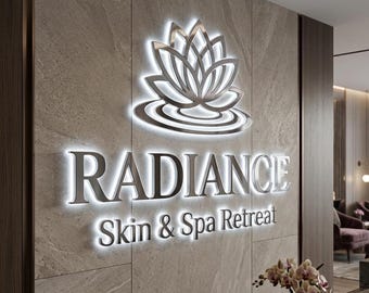 Logo de salon rétro-éclairé. Décoration murale lumineuse à LED, signalisation d'entreprise, lettres en métal