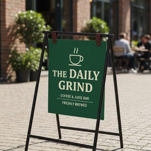 May include: An A-frame sign advertising "The Daily Grind" coffee and juice bar. The sign features a dark green panel with white text and a coffee cup icon. The sign is supported by a black metal frame and leather straps.