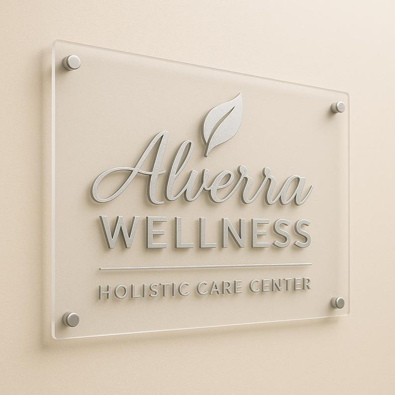 Puede incluir: Un letrero de acr&iacute;lico transparente con las palabras "Alverra WELLNESS HOLISTIC CARE CENTER" en letras plateadas. El letrero est&aacute; montado en una pared beige claro con herrajes plateados.