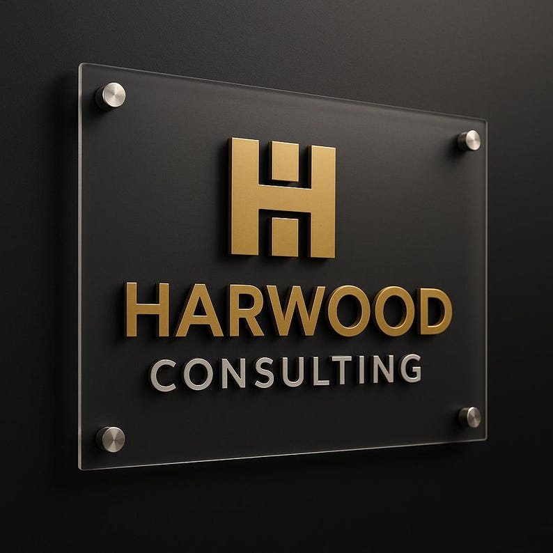 Puede incluir: Un letrero rectangular con el texto "HARWOOD CONSULTING" en letras doradas y plateadas. El letrero est&aacute; montado sobre un fondo negro con herrajes plateados. La letra dorada "H" est&aacute; en la parte superior del letrero.