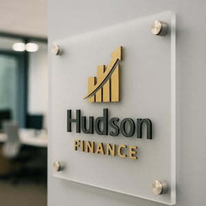 Puede incluir: Un letrero de acr&iacute;lico transparente con el logotipo de Hudson Finance. El logotipo presenta una flecha y barras doradas que apuntan hacia arriba, con el nombre "Hudson" en negro y "Finance" en dorado. El letrero est&aacute; fijado a una pared gris.