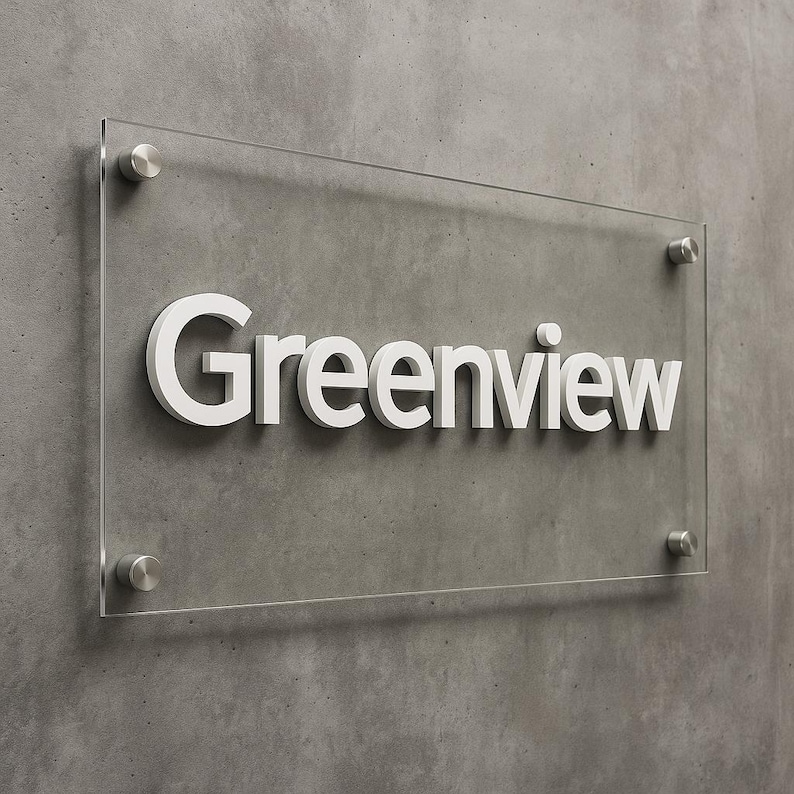 Puede incluir: Un letrero rectangular de acr&iacute;lico transparente con la palabra "Greenview" en blanco. El letrero est&aacute; montado en una pared de hormig&oacute;n gris con cuatro separadores plateados.