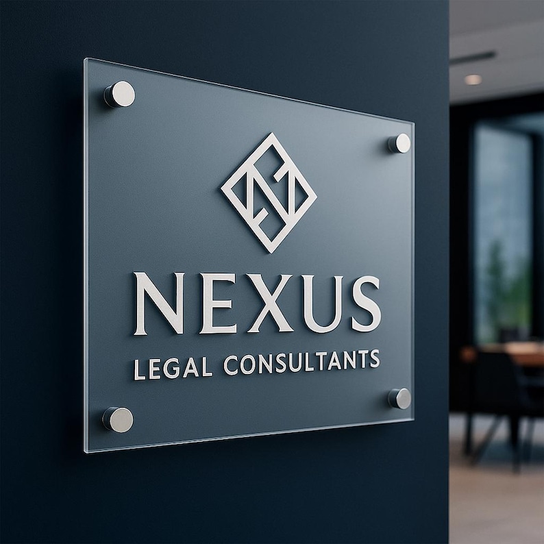 Puede incluir: Un letrero rectangular con el texto "NEXUS LEGAL CONSULTANTS" en blanco, montado en una pared azul oscuro. El letrero presenta un logotipo plateado y est&aacute; sujeto con cuatro separadores plateados.