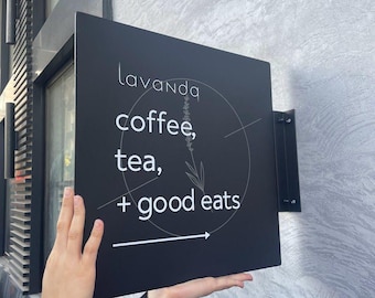 Enseigne personnalisée en forme de lame en métal, Signalétique recto-verso pour vitrine, Support mural pour logo d'entreprise