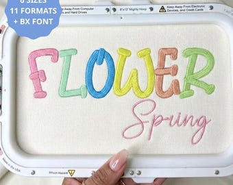 Puede incluir: Un bastidor de bordado con tela blanca que muestra el texto FLOWER bordado en letras de bloque multicolores y la palabra Spring en cursiva rosa. Un gráfico circular azul en la esquina muestra 6 SIZES, 11 FORMATS + BX FONT.
