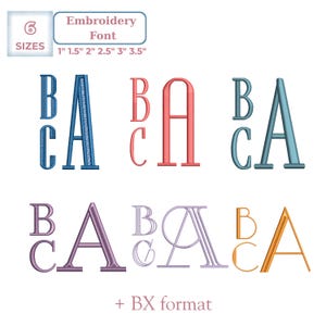 May include: The image shows six sets of embroidered monograms in different colours against a white backdrop. The letters B, C, and A are featured, with text reading "Embroidery Font" and sizes from 2.5 cm to 8.9 cm. The image also includes "+ BX format".