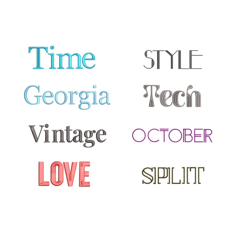 Pu&ograve; includere: Una raccolta di parole in vari caratteri e colori su sfondo bianco. Le parole includono "Time", "Georgia", "Vintage", "Love", "STYLE", "Tech", "OCTOBER" e "SPLIT".