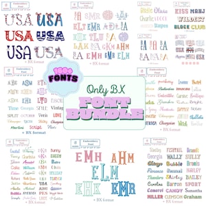 May include: A digital collection of 160+ embroidery fonts in BX format, featuring various alphabet styles, monograms, and sample words like USA, Birdie, and Champion in multiple colors, sizes, and decorative typefaces for machine embroidery.