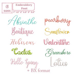 Può includere: Un design di font per ricamo con le parole "Absinthe", "Boutique", "Hibiscus", "Cactus", "Hello Spring", "Pearberry", "Sunflower", "Valentine", "Greensboro" e "Lotus". Le dimensioni dei caratteri sono 2,5 cm, 3,8 cm, 5,1 cm, 6,4 cm, 7,6 cm e 8,9 cm.