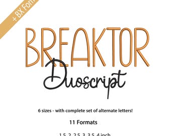 Breaktor Duo Script Embroidery Machine Designs BX Monogram includes 2 Fonts Style Script and Tall Script Font, 6 Sizes, 11 Formats + BX Font
