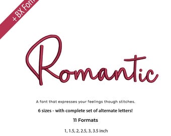 Romantic Embroidery Font; BX Cursive Machine Embroidery Font, Satin Stitch Font, 6 sizes, 11 Formarts + BX font, Instant download