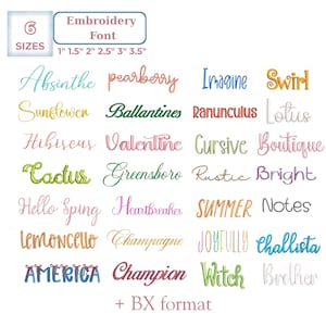 May include: A collection of embroidery fonts in various colors and styles. The image includes the words "Absinthe", "pearberry", "Imagine", "Swirl", "Sunflower", "Ballantines", "Ranunculus", "Lotus", "Hibiscus", "Valentine", "Cursive", "Boutique", "Cactus", "Greensboro", "Rustic", "Bright", "Hello Sping", "Heartbreaker", "SUMMER", "Notes", "Lemoncello", "Champagne", "JOYFULLY", "challista", "AMERICA", "Champion", "Witch", and "Brother".