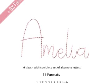 Amelia Run Stitch Handwritten Embroidery Font, Script Machine Embroidery Alphabet, Hand Stitch Effect, 6 Sizes, 11 Formats+ BX Format