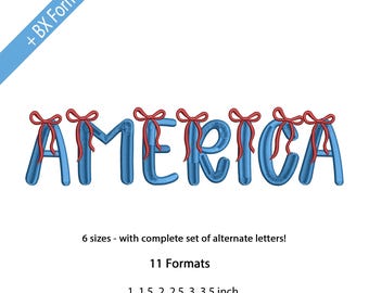 Czcionka do haftu Patriotic Bow, alfabet 4 lipca, czcionka monogramu USA, litery Coquette Bow, 6 rozmiarów, 11 formatów + format BX