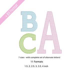 May include: An embroidery alphabet design featuring the letters B, A, and C in light blue, pink, and lime green. The text reads + BX Format, 7 sizes - with complete set of alternate letters!, 11 Formats, and 1.5, 2, 2.5, 3, 3.5, 4 inch.