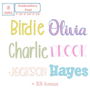 May include: An image showcasing various embroidered names in different fonts and colors. Names include "Birdie", "Olivia", "Charlie", "Brook", "Jackson", and "Hayes". The image also displays text indicating six available sizes: 1", 1.5", 2", 2.5", 3", and 3.5".