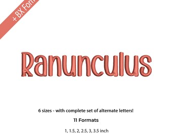 Ranunculus slab Serif-borduurlettertype alfabet, Morden Serif-lettertypeborduurwerk, Curves-lettertypeborduurwerk, 6 maten. 11 indelingen + BX-lettertype