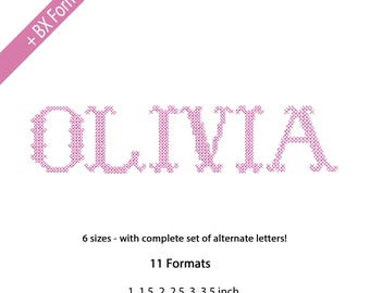 Olivia Cross Stitch Embroidery Font, Vintage Serif Alphabet Monogram Font, 6 Sizes, 11 Formats + BX Font