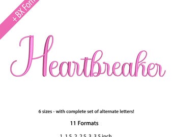 Heartbreaker Cursive Embroidery Font, Handwritten Script Embroidery Font, dst exp jef pes vp3, 6 Sizes, 11 Formats + BX Format