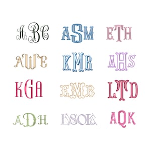 Pu&ograve; includere: Una collezione di dodici design di monogrammi in vari colori e stili. I monogrammi presentano tre lettere ciascuno, con opzioni tra cui script eleganti, contorni audaci e bordi decorativi. Ogni design &egrave; visualizzato su sfondo bianco.