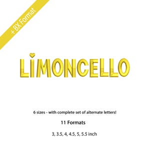 Op de afbeelding: Goudkleurige "LIMONCELLO" tekst met een hartje boven de "I" op een witte achtergrond. De afbeelding bevat ook tekst met 6 maten, 11 formaten en maten van 7,6 tot 14 cm.