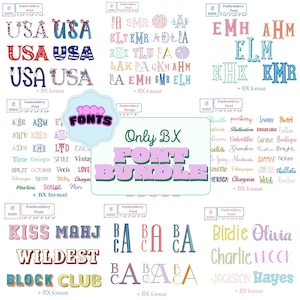 May include: A digital embroidery font bundle featuring over 100 styles in BX format. The image displays various alphabet samples, monograms, and words like USA, KISS, and BIRDIE in multiple colours, fonts, and sizes ranging from 2.5 to 20 cm.