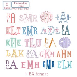 May include: A collection of embroidery font letters in various colors and styles. The image includes the text "Embroidery Font" and "6 SIZES" with size measurements in inches. The letters are displayed in a grid format, with a "+ BX format" text at the bottom.