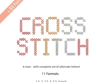 Cross Stitch Embroidery Font Alphabet, X Stitch Embroidery Letters, Hand Stitch Embroidery Font,  6 Sizes, 11 Formats + BX Format