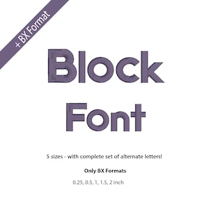 May include: A digital design featuring the words "Block Font" in a purple, textured font. The image includes text indicating five sizes, with alternate letters, and is available in BX formats. Sizes include 0.25, 0.5, 1, 1.5, and 2 inches.