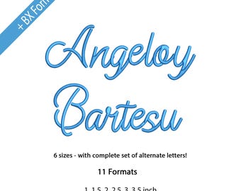 Angeloy Bartesu Cursive Script Font, Handwritten Embroidery Font, Machine Embroidery Alphabet, 6 Sizes, 11 Formats + BX Format