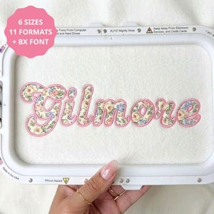 Könnte beinhalten: Ein Stickrahmen mit weißem Stoff, auf dem das Wort Gilmore in einem Blumenmuster mit rosa Umrandungen gestickt ist. Eine rosa kreisförmige Grafik in der oberen linken Ecke zeigt den Text 6 SIZES 11 FORMATS + BX FONT.