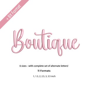 Könnte beinhalten: Rosa gesticktes Wort "Boutique" in Schreibschrift. Das Bild enthält Text, der sechs Größen, einen kompletten Satz alternativer Buchstaben und elf Formate mit Größen von 2,5 bis 8,9 cm angibt.