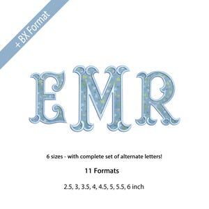 Puede incluir: Letras decorativas azul claro EMR con un estampado floral. Las letras están en una fuente serif con un borde decorativo. La imagen incluye el texto "+ BX Format", "6 tamaños - con juego completo de letras alternativas!", "11 Formatos" y tamaños de 6,35 a 15,24 cm.