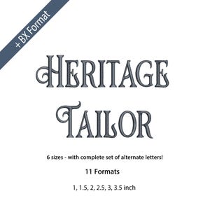 以下が含まれることがあります： 装飾的なフォントで「HERITAGE TAILOR」という言葉が書かれた画像。テキストは濃いグレーです。テキストの下には「6サイズ - オルタネート文字の完全なセット付き！」と「11フォーマット」という言葉があります。サイズは2.5、3.8、5.1、6.4、7.6、8.9cmです。